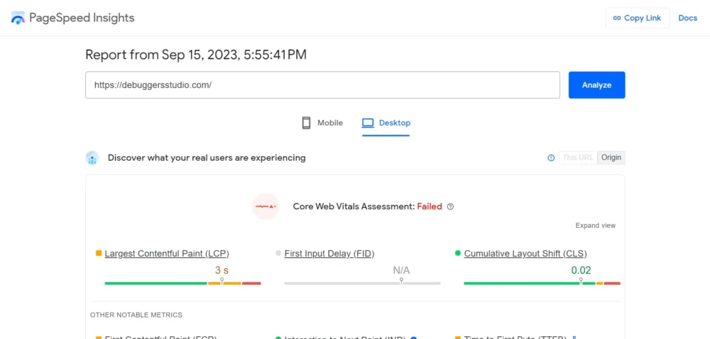 Desktop and mobile mode of PageSpeed Insights