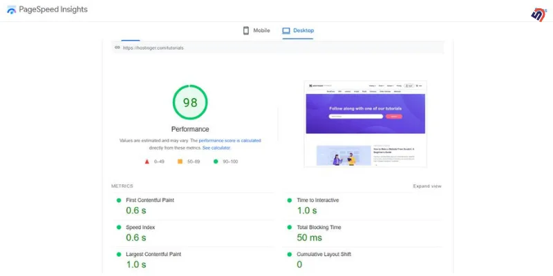 performance score from PageSpeed Insights