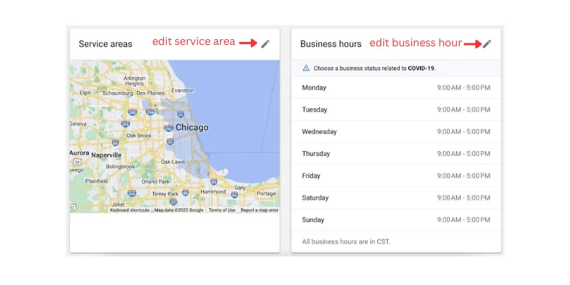 Screenshot of service areas & business hours