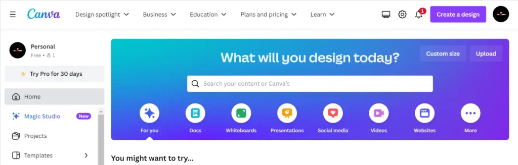 Showing a Canva web app page