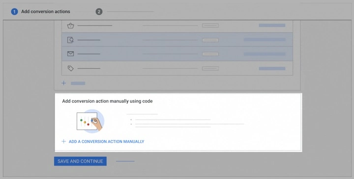 Dashboard showing manual setup option for google ads conversion tracking 