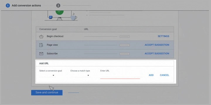 Dashboard showing url setup option for google ads conversion tracking 