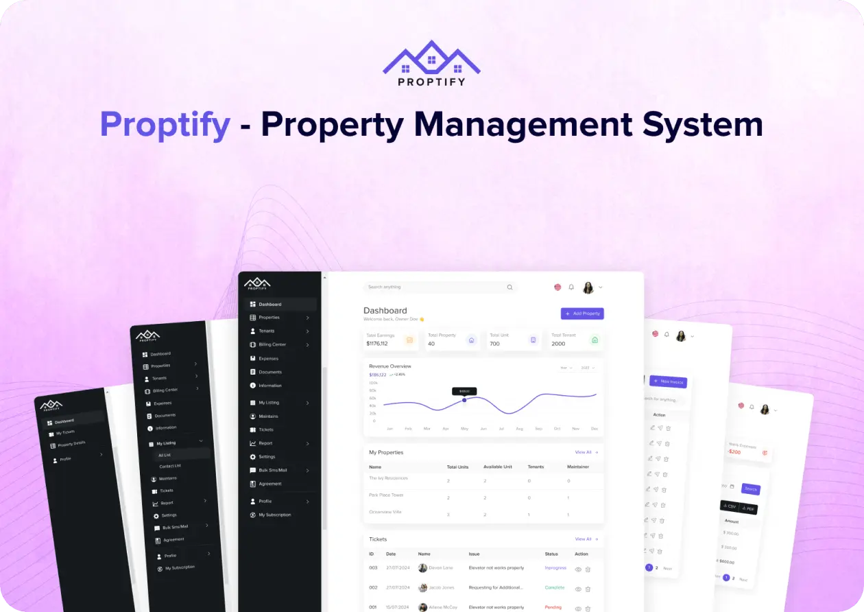 this image showing dashboard of a property management system developed by Debuggers Studio.