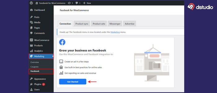 showing how to connect your woocommerce site to a Facebook account.