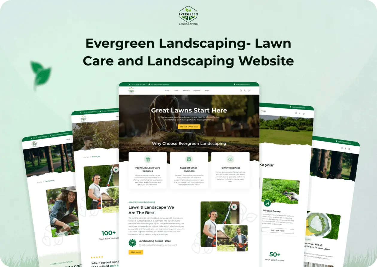 Mockup of a landscaping website developed by Debuggers Studio showcasing different page of the website.