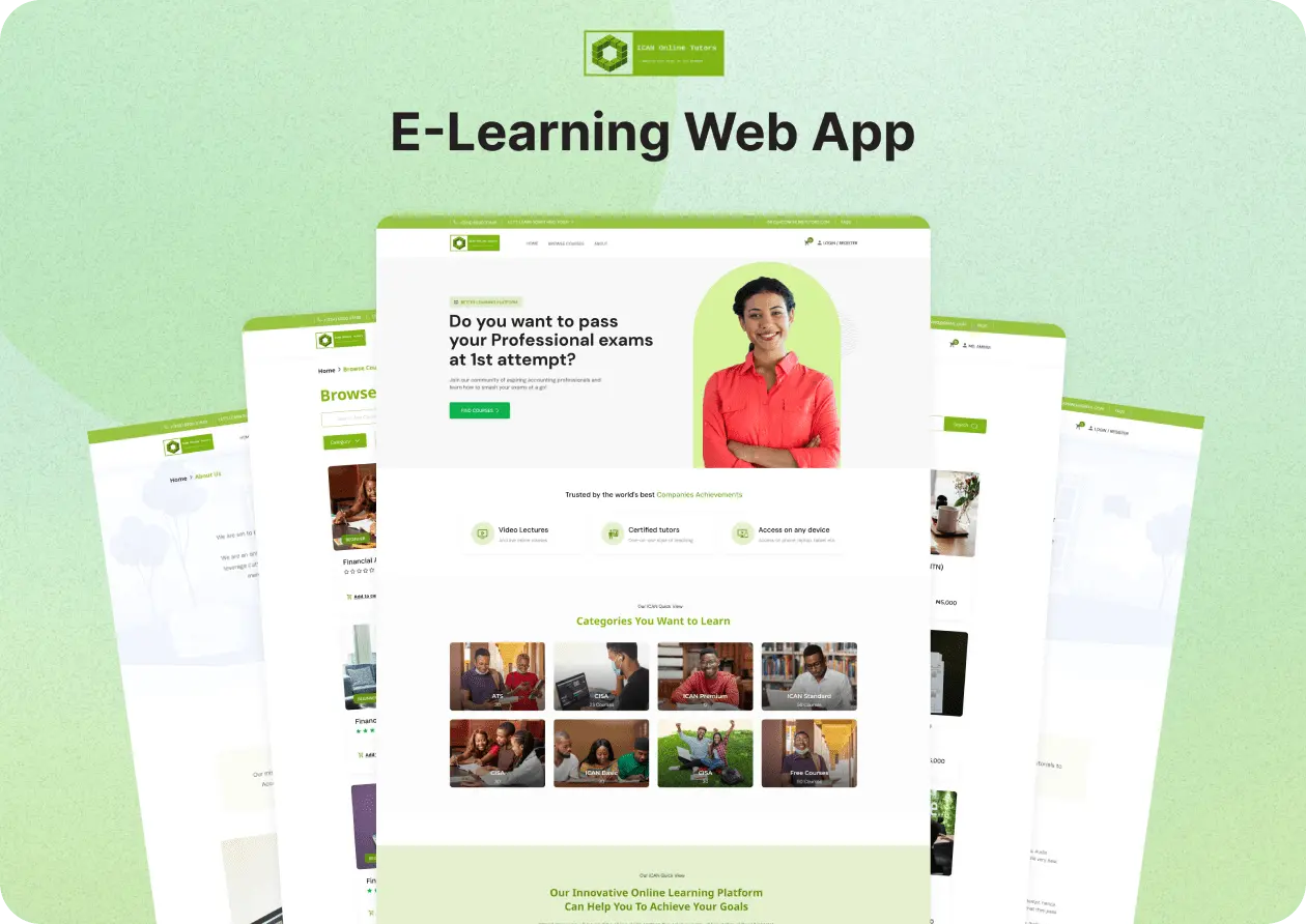 Mockup of an eLearning web app developed by Debuggers Studio showcasing a modern user interface with organized course category section