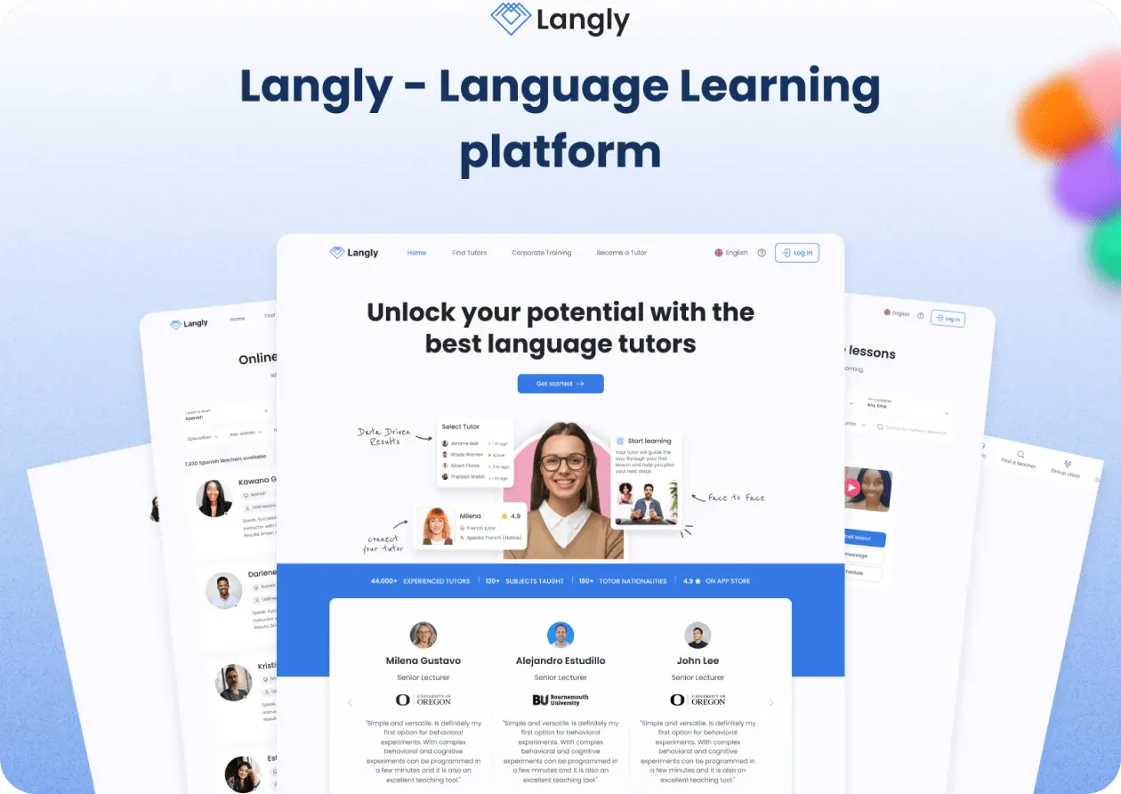 This image showing a Mockup of a Language learning platform developed by Debuggers Studio