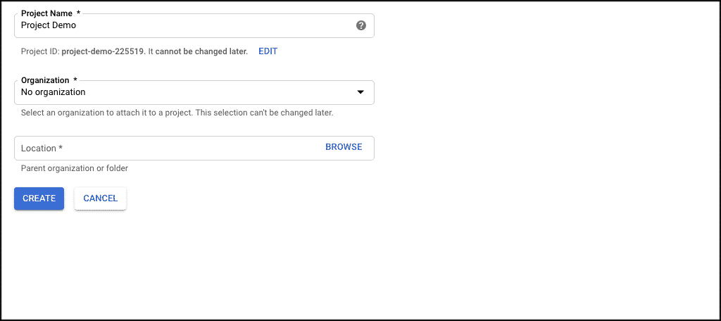 Showing three input fields for Project name ,organization and location 