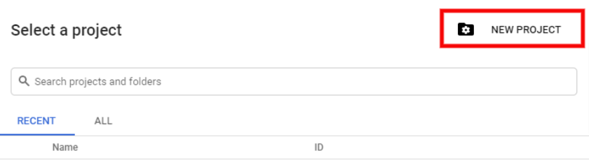 Showing Google Developer Console , in the top right corner new project button is highlighted