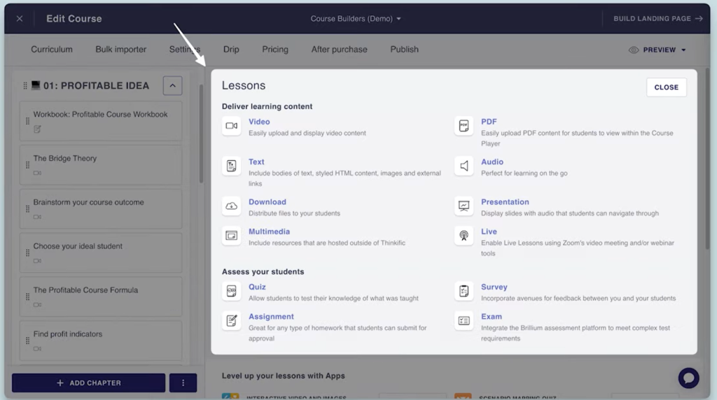 Curriculum  building dashboard of Thinkiflic online course creation platform