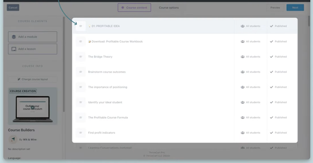 Thrivecarts curriculum  building dashboard