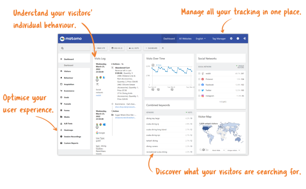 Screenshot of the user dashboard from the Matomo website analytics tool