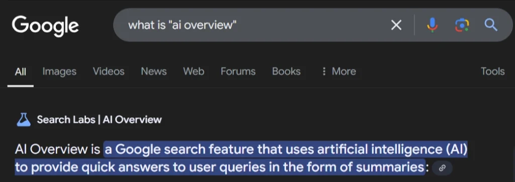 Example of Google's AI Overview search feature displaying a concise and context-aware summary for a query, highlighting how AI extracts relevant information directly in the search results.